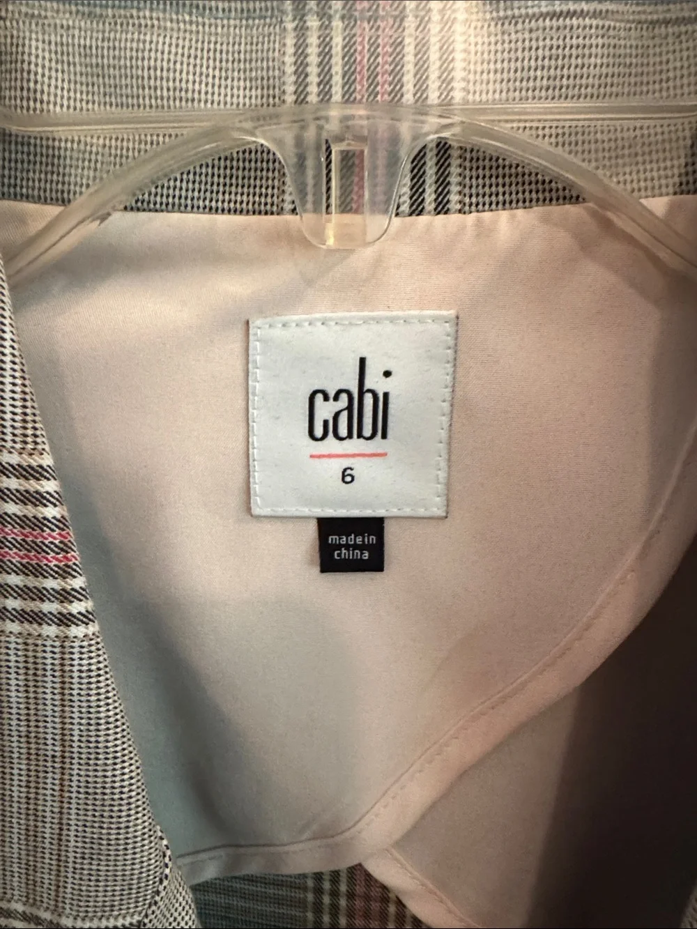 CAbi Taupe Plaid Blazer with Pink Stripe